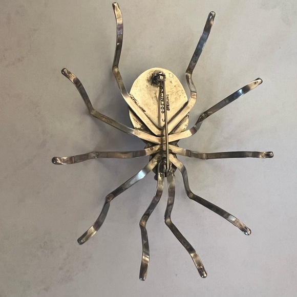 Vintage Sterling E. Spencer Malachite Spider Pin - Picture 2 of 2